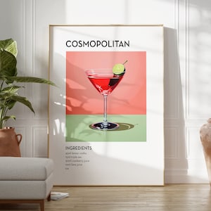 Cosmopolitan Cocktail Retro Poster Mid Century Modern Home Decor Vibrant Wall Art, Classic Cocktail Bar Chart Printable Digital Downlaod