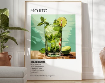 Mojito Cocktail Poster Retro Printable Home Decor Vibrant Wall Art, Classic Cocktail Bar Chart Prints Mid Century Modern Digital Downlaod