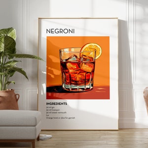 Negroni Cocktail Printable Retro Poster Minimalist Home Decor Vibrant Wall Art, Classic Cocktail Bar Chart Prints Digital Downlaod