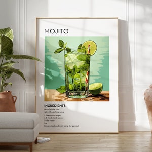 Cartel de cóctel Mojito retro imprimible decoración del hogar vibrante arte de la pared, gráfico de bar de cócteles clásico imprime descarga digital moderna de mediados de siglo
