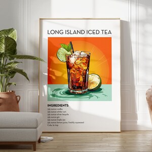 Long Island Iced Tea Cocktail Retro Poster Mid Century Home Decor Lebendige Wandkunst, klassische Cocktail Bar Chart druckbare digitale Downlaod