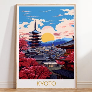 Kyoto Retro Travel Poster Printable Japan Wall Art Home Decor, Pop Art City Skyline Print, Maximal Mid Century Wall Hanging Eclectic Decor