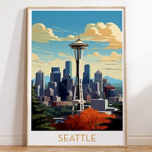 Seattle Retro Travel Poster City Skyline Print Washington Wall Art Mid Century Vibrant Wall Hanging Eclectic Decor Digital Download