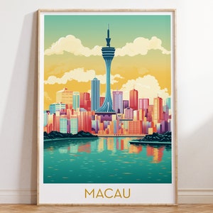 Macau Retro Travel Poster Printable China Wall Art Home Decor, Pop Art City Skyline Print, Maximal Mid Century Wall Hanging Eclectic Decor