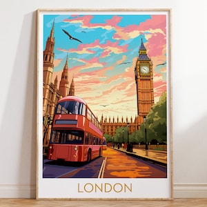 London Travel Poster Retro Wall Art England Travel Poster Printable Wall Decor Vintage European Cities Print Mid Century Digital Download