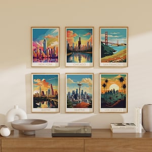 Cartel de viaje de EE. UU. Budle Conjunto de 6 Vintage City Skyline Wall Art Decor Impresión Maximal Mid Century Modern Eclectic Home Decor Descarga digital
