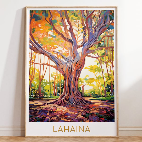 Lahaina Maui Affiche de voyage Banyan Tree Wall Art Lahaina Print Vibrant Wall Art Maximal Decor Mid Century Modern Wall Art Téléchargement numérique