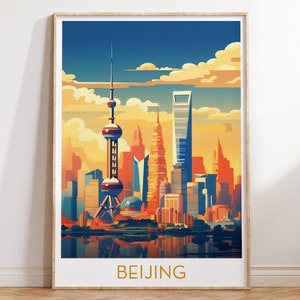 Cartel de viaje de Beijing China Wall Art Vintage Travel City Print, Pop Art Wall Decor Estética mediados de siglo Descarga digital, Arte vibrante