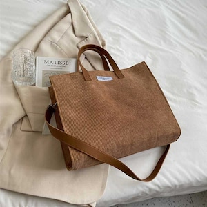 Sac à bandoulière en velours côtelé, sac messager unique, sac à main, sac à bandoulière réutilisable, sac fourre-tout à bandoulière, sac fourre-tout pour femme, sac mignon, ordinateur portable Marron