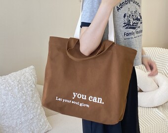 Women Brown Canvas Shoulder Bag, Large Capacity Thick Cotton Books Handbag, Quality Cloth Purse Grocery Shopping Tote, Shopping Handbag