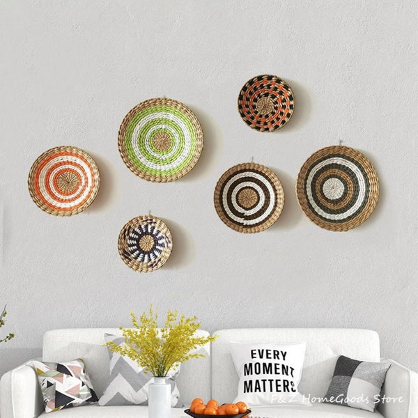 Straw Wall Hanging Baskets, Rattan Wall Hanging Baskets, Woven Straw Wall Decor, Colorful Boho Wall Decor Set, Wall Hanging Baskets, Straw