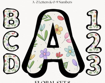 Retro Flower Alphabet Letters & Numbers | PNG Floral Font Clipart | Ransom Lettering Monogram Initials | Digital Download