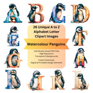 Penguin Clipart Letters Commercial Use Art for Watercolor Clipart, Alphabet ClipArt, Files for Cricut, Digital Sticker, DIY Arts and Crafts