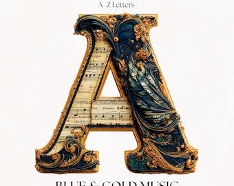 Retro Music Clipart Alphabet Letters | Musical Font PNG Images | Blue and Gold Typography Bundle