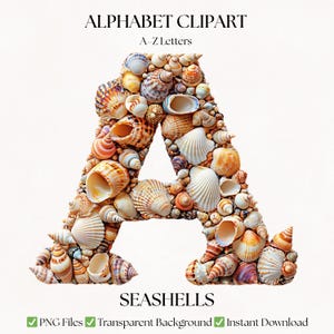 Letras del alfabeto con imágenes prediseñadas de conchas marinas / Fuentes PNG de vida playera / Tipografía de conchas marinas / Descarga digital