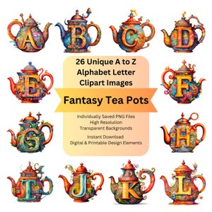 Fantasy Clipart Alphabet Letters PNG for Commercial Use Art Teapot PNG, Cute Fonts, Digital Download Printable Ephemera, Junk Journal Kit