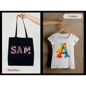 May include: Two product mockups: a black tote bag with the word "SAM" in colorful patterned letters and a white t-shirt with a colorful watercolor letter "A" on it.