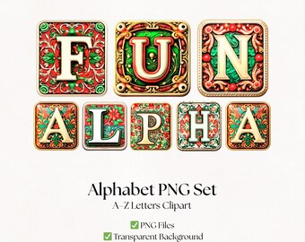 Vintage Christmas Clipart Alphabet Letters | Fun Decorative Xmas Fonts | Metal Typography | Digital Download