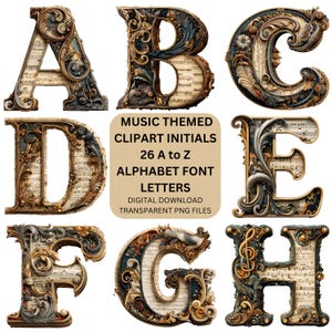 K&ouml;nnte beinhalten: Eine Sammlung von kunstvollen, musikalischen Alphabetbuchstaben, A bis H, mit einer Vintage-&Auml;sthetik. Jeder Buchstabe ist aufwendig mit Noten und dekorativen Elementen gestaltet. Der Text "MUSIC THEMED CLIPART INITIALS 26 A to Z ALPHABET FONT LETTERS DIGITAL DOWNLOAD TRANSPARENT PNG FILES" ist ebenfalls enthalten.