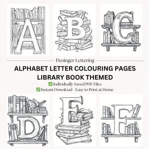 Páginas para colorear de letras del alfabeto de libros de biblioteca / Hojas para colorear de libros / Descarga digital en PDF