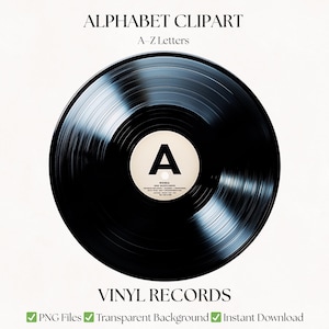 Vinyl Record Alphabet Clipart | Retro Music PNG Bundle | Digital Download