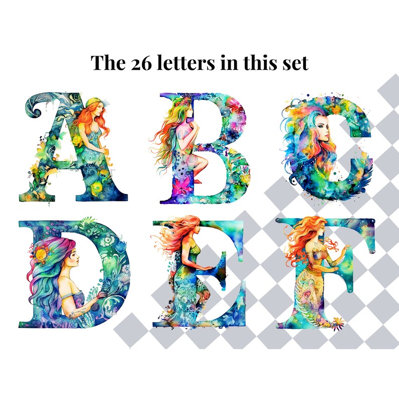 Watercolor Mermaid Clipart Alphabet Letters | PNG Fantasy Fonts ...