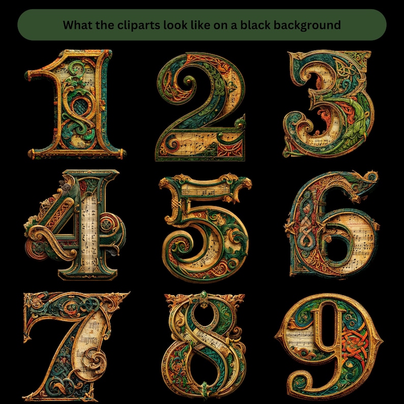 Puede incluir: Nueve n&uacute;meros ornamentados, del 1 al 9, sobre un fondo negro. Cada n&uacute;mero presenta un contorno dorado, intrincados detalles verdes y turquesas, y un dise&ntilde;o de partitura musical. El texto en la parte superior dice: "What the cliparts look like on a black background."