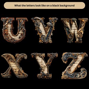 K&ouml;nnte beinhalten: Sechs verzierte Buchstaben: U, V, W, X, Y und Z, im Vintage-Stil. Die Buchstaben sind in Braun, Gold und Blau gehalten, mit Noten in ihrem Design. Der Text "What the letters look like on a black background" befindet sich oben.