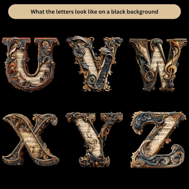 K&ouml;nnte beinhalten: Sechs verzierte Buchstaben: U, V, W, X, Y und Z, im Vintage-Stil. Die Buchstaben sind in Braun, Gold und Blau gehalten, mit Noten in ihrem Design. Der Text "What the letters look like on a black background" befindet sich oben.