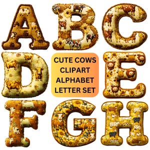 Clipart vache, lettres de l'alphabet pour animaux de la ferme clipart PNG, émoticônes et autocollants thème ferme, téléchargement immédiat des éléments de conception, art de la pépinière vache