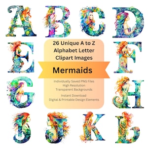 Watercolor Clipart Alphabet Letters PNG Files for Mermaid Digital Download, Scrapbooking Vintage Ephemera Junk Journal, Cricut DIY Crafts