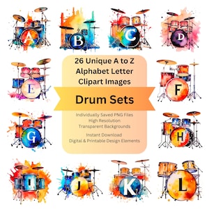 Drum Clipart Alphabet Letters PNG for Cute Cricut Fonts, DIY Greeting Card Junk Journal Kit Scrapbooking Digital Clipart, Watercolor Letters