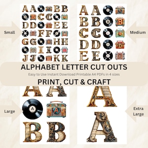 Puede incluir: Recortes de letras del alfabeto imprimibles en cuatro tamaños. Las letras están decoradas con tocadiscos antiguos, discos de vinilo y notas musicales. El texto "ALPHABET LETTER CUT OUTS" y "PRINT, CUT & CRAFT" es visible.