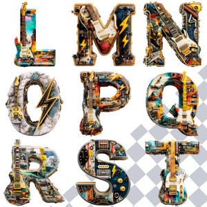 May include: A collection of decorative letters L, M, N, O, P, Q, R, S, and T, each designed with a unique guitar theme. The letters feature intricate details, incorporating guitar parts, lightning bolts, and various textures. The color palette includes gold, blue, and red.
