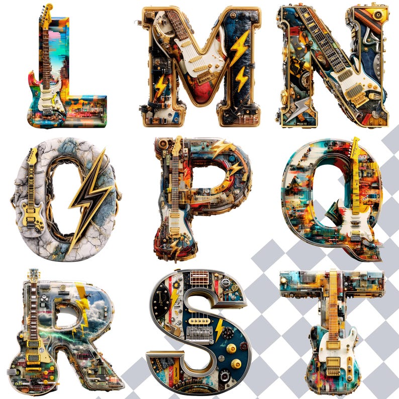 May include: A collection of decorative letters L, M, N, O, P, Q, R, S, and T, each designed with a unique guitar theme. The letters feature intricate details, incorporating guitar parts, lightning bolts, and various textures. The color palette includes gold, blue, and red.