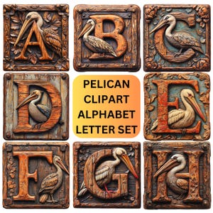 Pacchetto di clipart di pellicani da scaricare in formato digitale per file PNG dell'alfabeto Cricut, adesivi vintage con lettere rustiche, design tipografico, elementi di collage