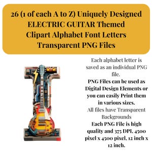 May include: A digital alphabet set featuring electric guitar-themed clipart. Each letter is uniquely designed as a transparent PNG file. The image shows the letter "I" with a guitar design. The files are high quality and can be used for digital design or printing.