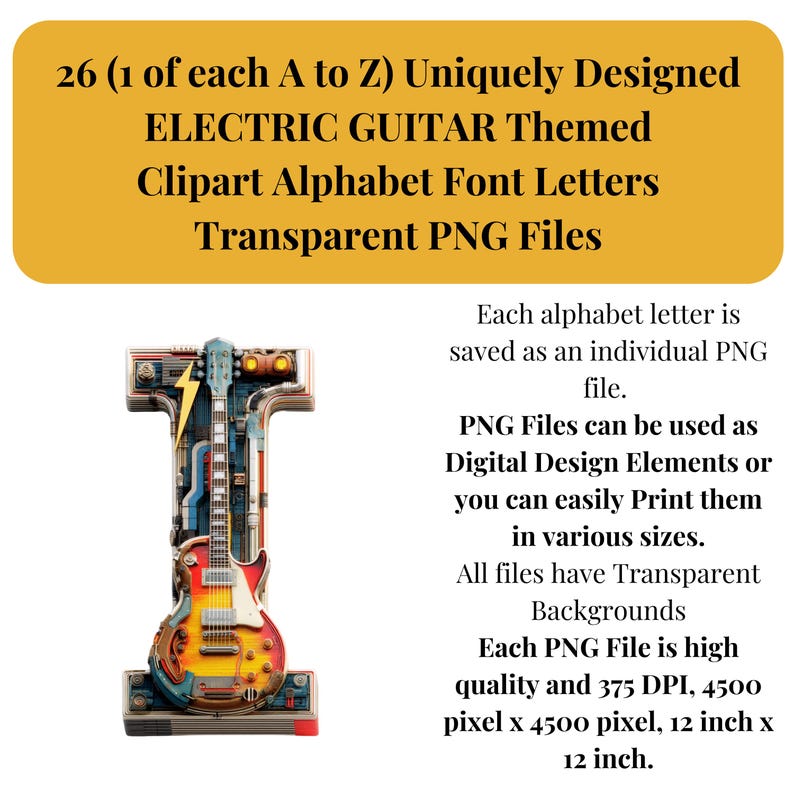 May include: A digital alphabet set featuring electric guitar-themed clipart. Each letter is uniquely designed as a transparent PNG file. The image shows the letter "I" with a guitar design. The files are high quality and can be used for digital design or printing.