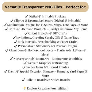 K&ouml;nnte beinhalten: Ein hellbeige Grafik zeigt die Verwendungsm&ouml;glichkeiten f&uuml;r vielseitige transparente PNG-Dateien. Der Text listet digitale Aufkleber, ClipArt, Sublimationsdesigns, Print-on-Demand-Produkte, Cricut-Projekte, Einladungen und mehr auf. Der Bildtext lautet "Versatile Transparent PNG Files".