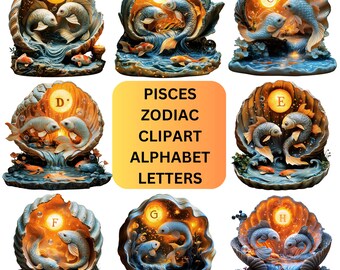 Pisces Zodiac Clipart Alphabet: Mystical Fish PNG (Digital Download, 375 DPI)