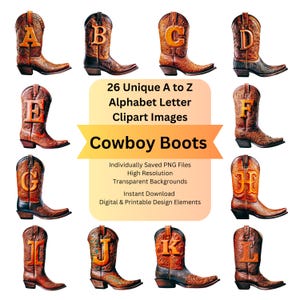 Cowboy Cowgirl Boot Clipart Alphabet Letters PNG Files for Western Digital Download, Scrapbooking Ephemera Junk Journal, Cricut Sublimation