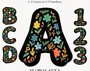 Floral Clipart Letters & Numbers | Retro Flower Alphabet Font Set | PNG Botanical Monogram Initials | Cricut Lettering
