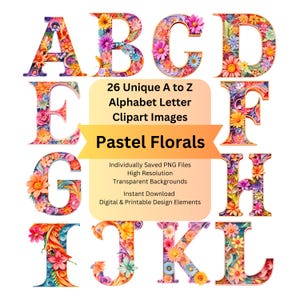 Pastel Rainbow Floral Alphabet for Mixed Media Collage, Scrapbooking Ephemera, Clipart Flower Letters PNG, Decoupage Paper, Junk Journal Kit