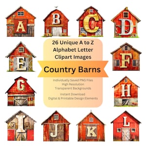 Farm Barn Clipart Alphabet Letters PNG Files for Farmhouse Digital Download, Scrapbooking Vintage Ephemera Junk Journal, DIY Cricut Crafts