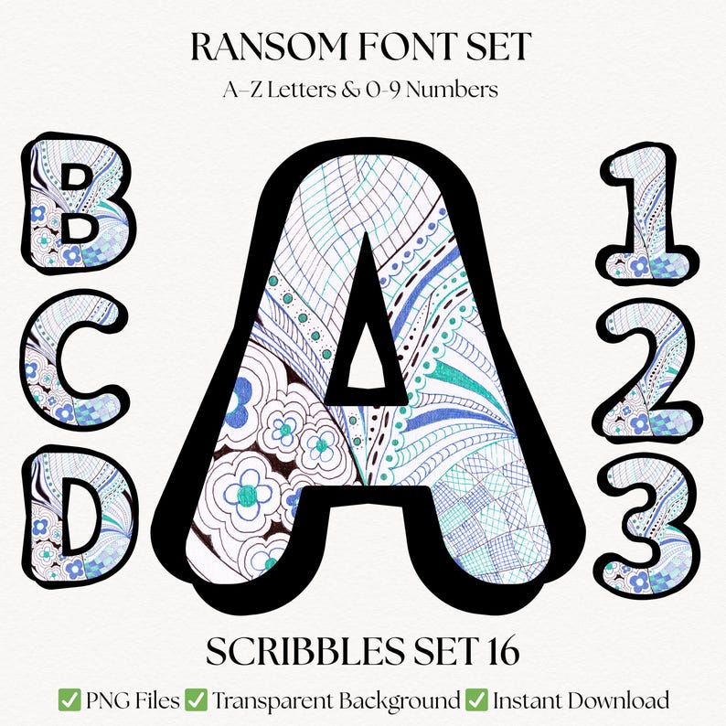 Blue Doodle Font | Alphabet Letters & Numbers PNG Set | Pattern ...