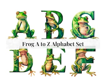 Frog Clipart Decorative Letters PNG for Animal Alphabet, Cute Illustrations Watercolor Clipart, Commercial Use Design Elements, Junk Journal