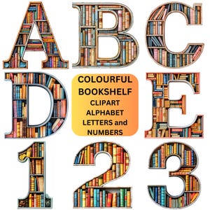 Clipart de estante com letras e números do alfabeto para sala de aula PNG, clipart de estante com leitor ávido, clipart de leitura de biblioteca escolar, fontes para amantes de livros
