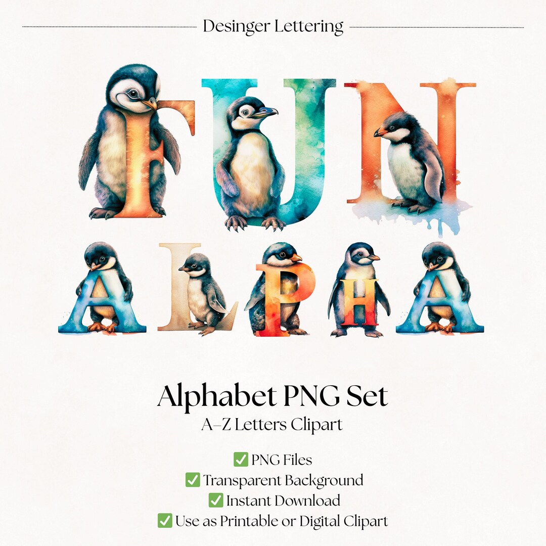 Penguin Clipart Alphabet Letters | PNG Watercolour Fonts | Animal