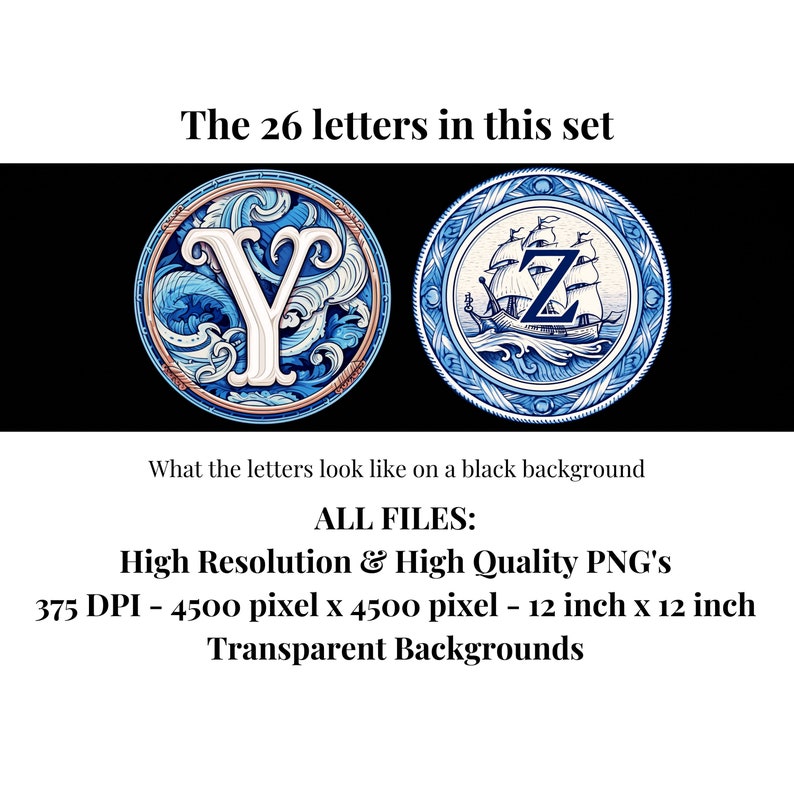 May include: A set of 26 alphabet letters in a nautical theme. Each letter is surrounded by a blue and white circular design with a ship and waves. The letters are in a white font with a blue outline. The text "The 26 letters in this set" is at the top of the image. The text "What the letters look like on a black background" is below the letters. The text "ALL FILES: High Resolution & High Quality PNG's 375 DPI - 4500 pixel x 4500 pixel - 12 inch x 12 inch Transparent Backgrounds" is at the bottom of the image.
