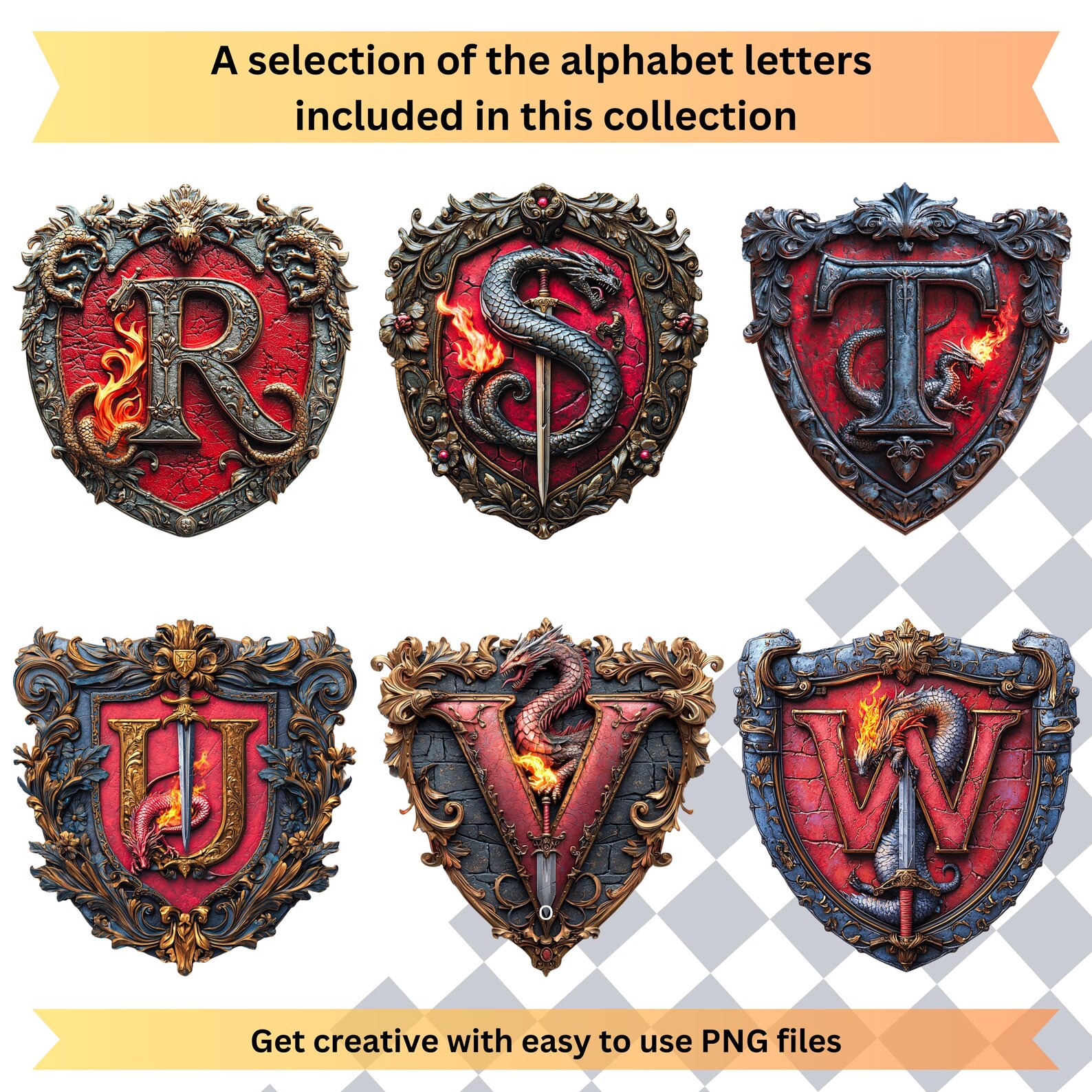 Shield Type Lettering Dragon Clipart Alphabet Letters | Shield PNG Typography | Medieval ...
